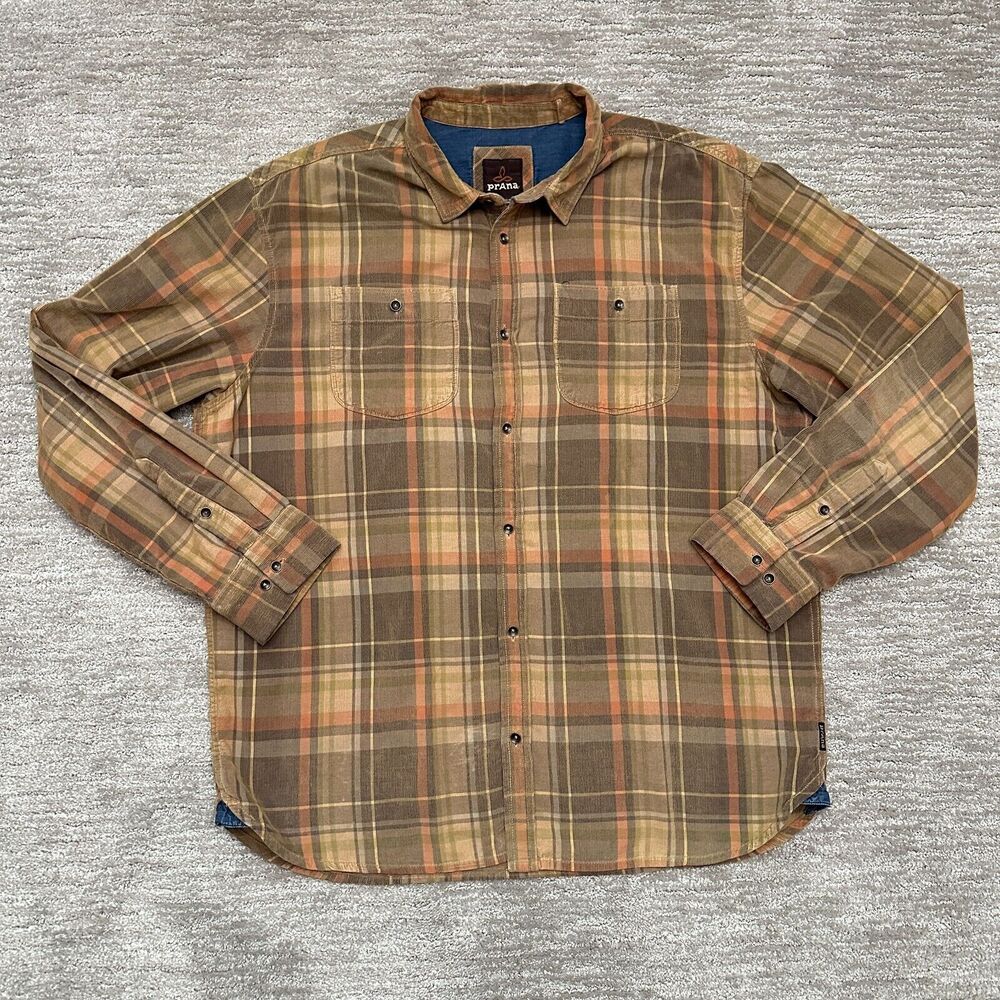 Prana Shirt Mens XXL Brown Plaid Dooley Corduroy Organic Cotton Outdoor Hiking